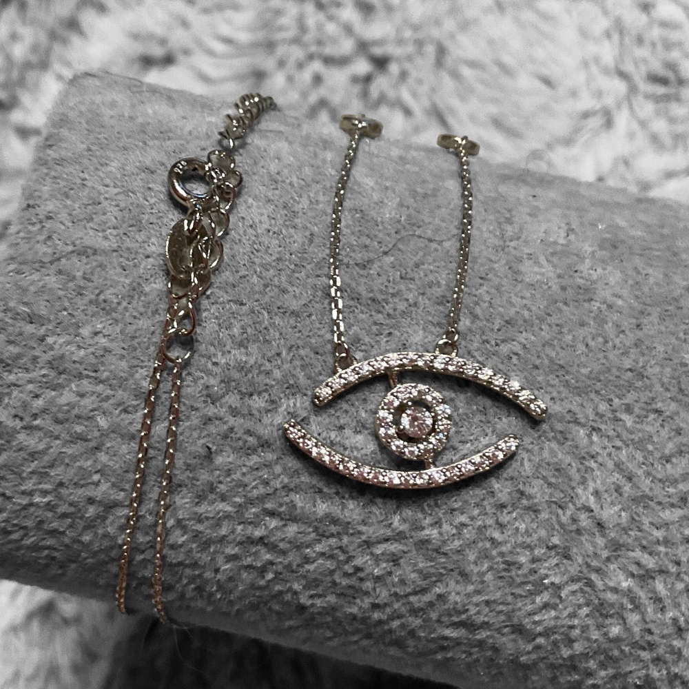 STERLING 925 EVIL EYE Diamond Bezel Set Necklace 16-18” length